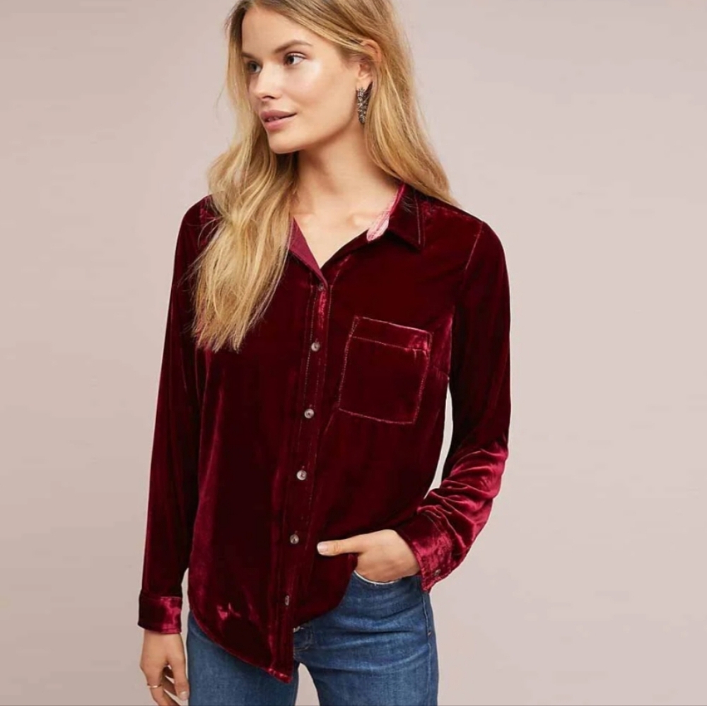 Anthropologie - Maeve red velvet button down shirt